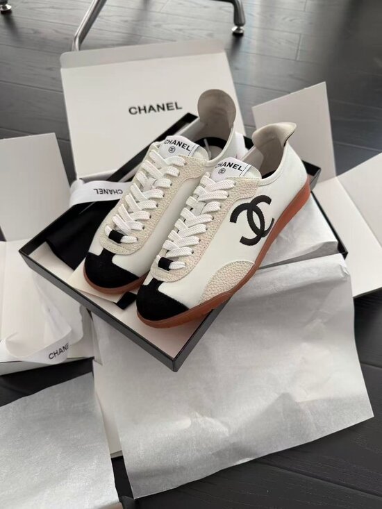 CHANEL Shoes - Chanel White Black Suede CC Logo Gum Sole Trainer Sneakers